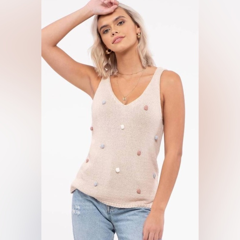 Blu Pepper Pom Pom Knit Sweater Tank Top Size Small Beige Multi V Neck NWT - Picture 5 of 9